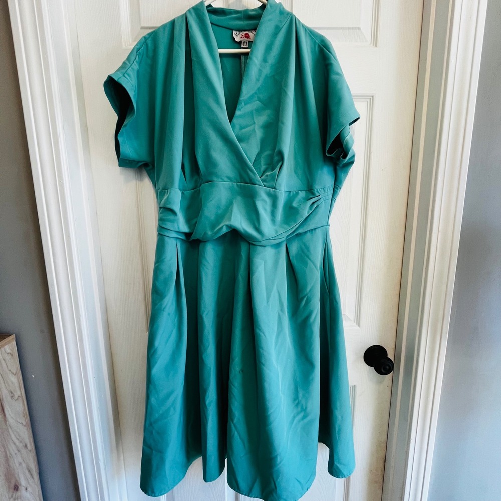 Miss Candyfloss Teal Blue Wrap Midi Dress Plus Size 4XL Vintage Pinup Rockabilly - Picture 7 of 11